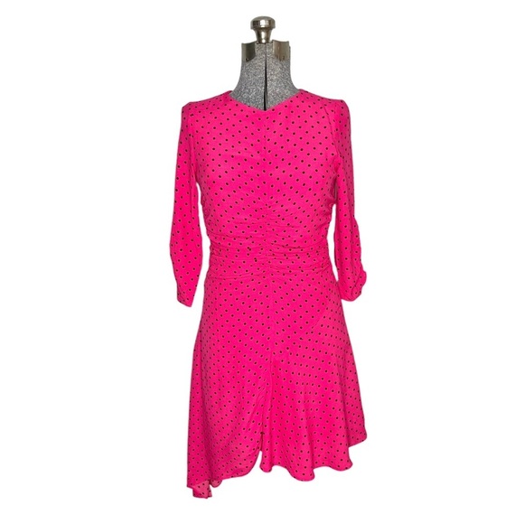 Zara Trafaluc Bright Pink Polka Dot Ruched Asymmetrical Dress - Picture 1 of 16